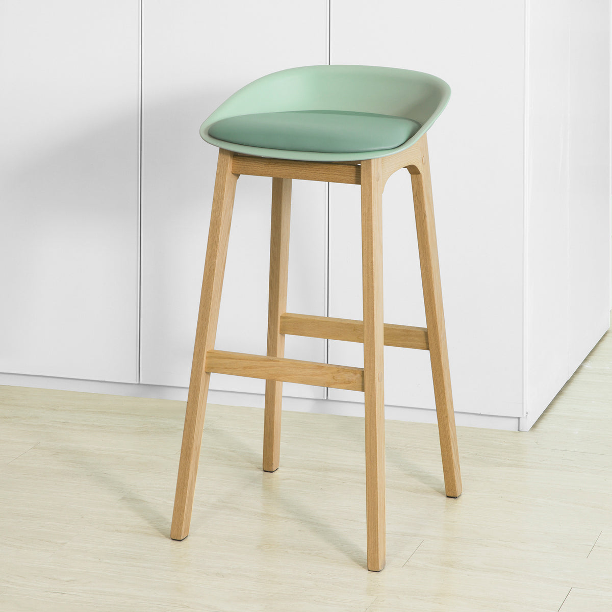 SoBuy FST78-GR Scaun de bar de design, scaun înalt de bar pentru bucătărie cu șezut tapițat, suport pentru picioare și bază din lemn de stejar