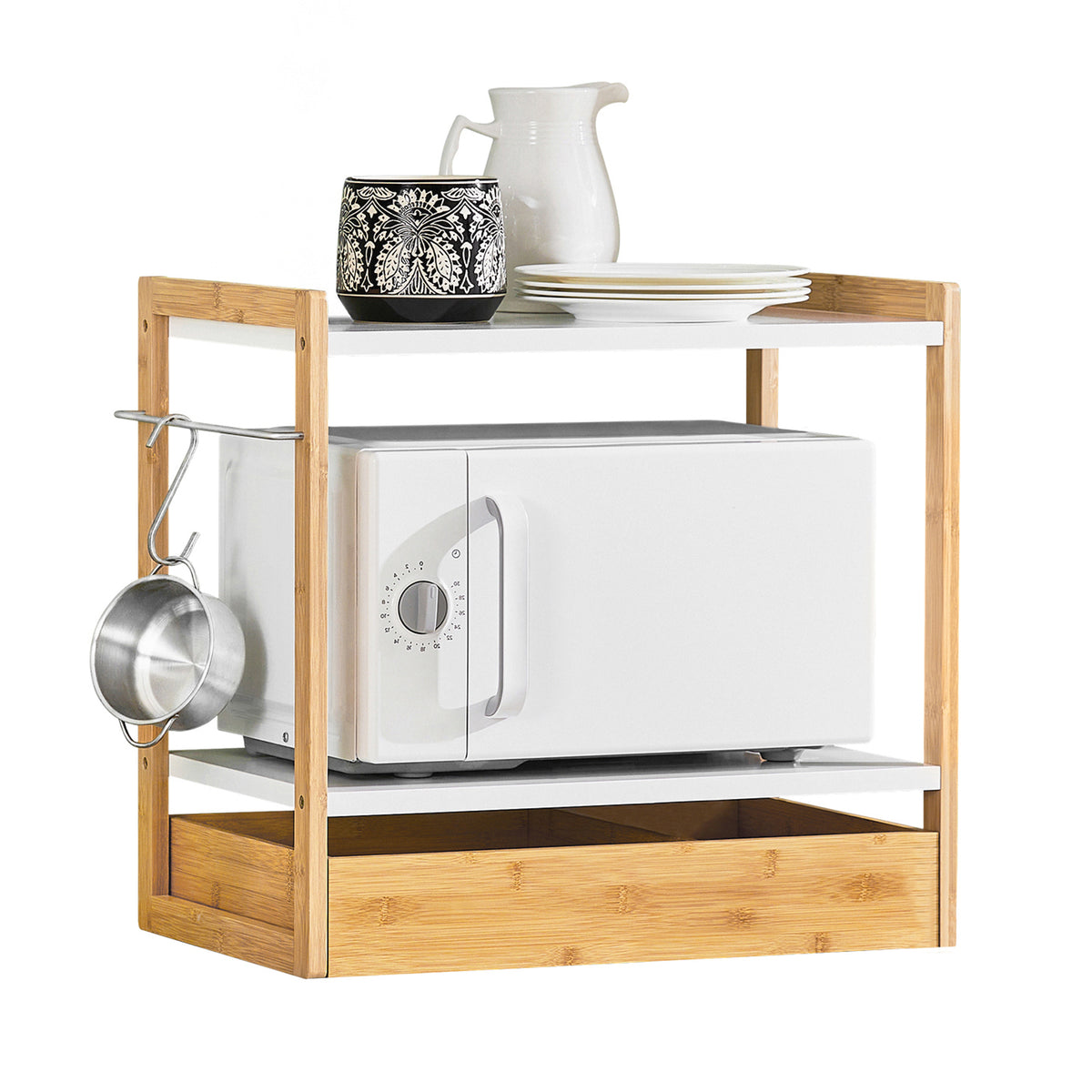 SoBuy KCR07-WN Étagère Micro Ondes, Support de Four Micro-Onde Amovible Rangement de Cuisine avec 2 étagères, 1 Tiroir et 1 P