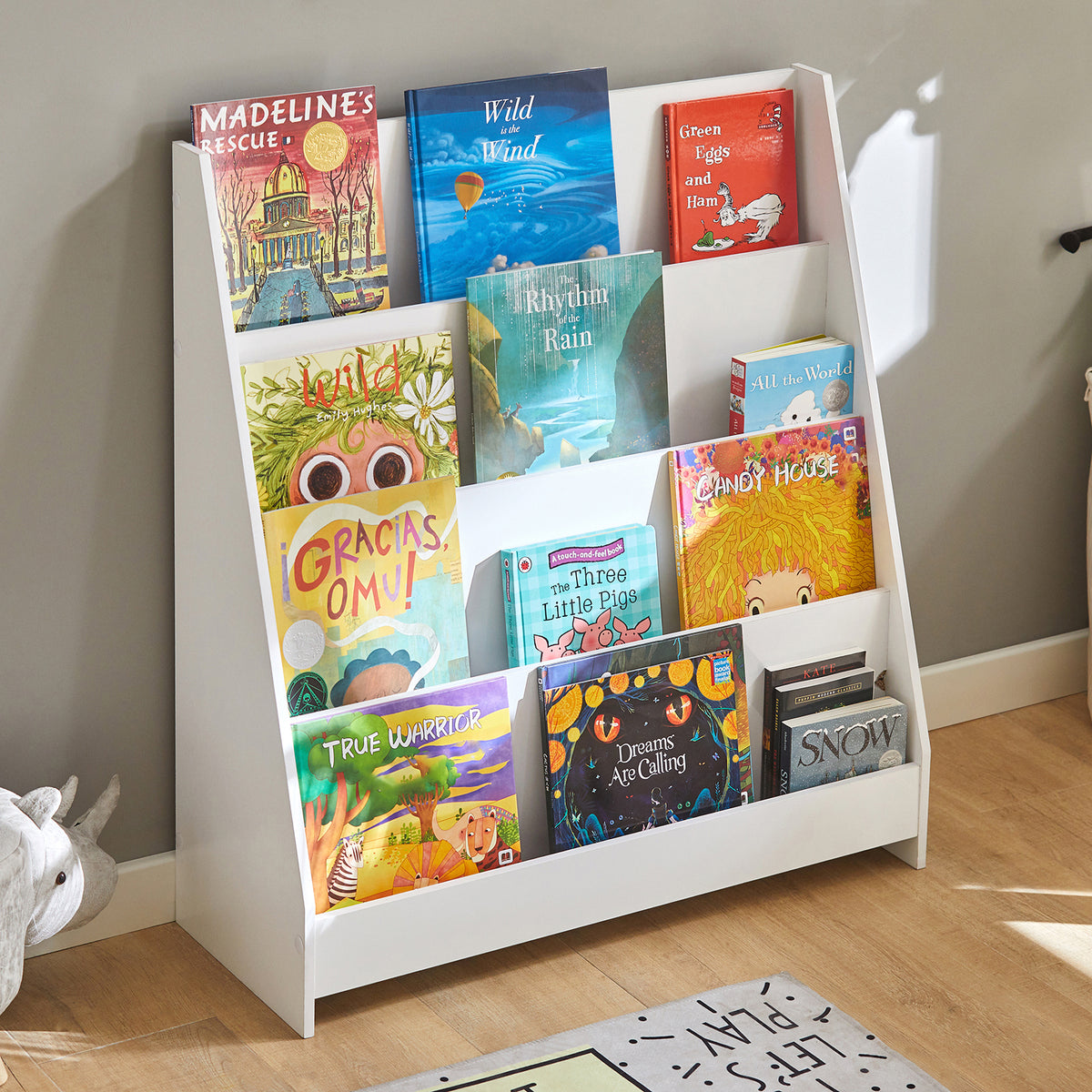 SoBuy KMB32-W Bibliotecă pentru Copii, Organizator Jucării Copii, Bibliotecă Cărți cu 4 Niveluri, Raft Cărți, Mobilier de Depozitare pentru Camera Copiilor, Birou, Living, Alb, 80x30x88 cm