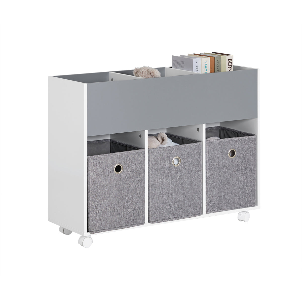 SoBuy KMB61-HG Étagère pour Enfants avec 3 Compartiments et 3 Boîtes en Tissu Amovible, Étagère pour Chambre d'enfant avec ro
