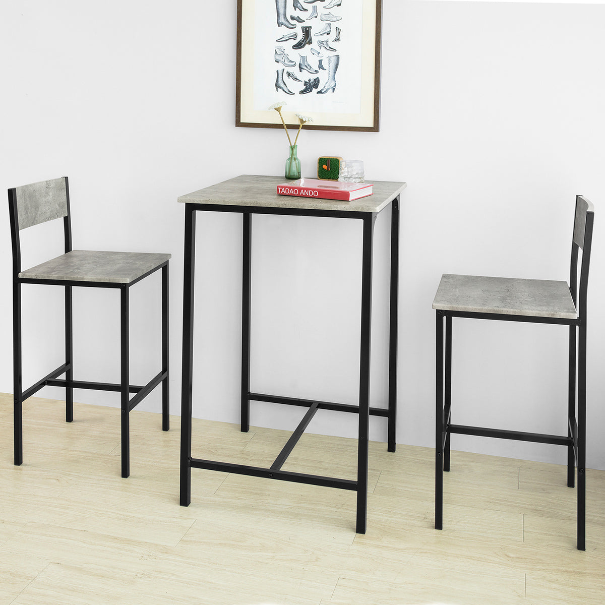 SoBuy OGT27-HG Set Masă Înaltă de Bucătărie cu 2 Scaune, Masă Bar Înaltă, Masă Tip Bar cu Scaun, Masă Bar Bucătărie, Masă Înaltă Exterior, MDF & Metal, Gri
