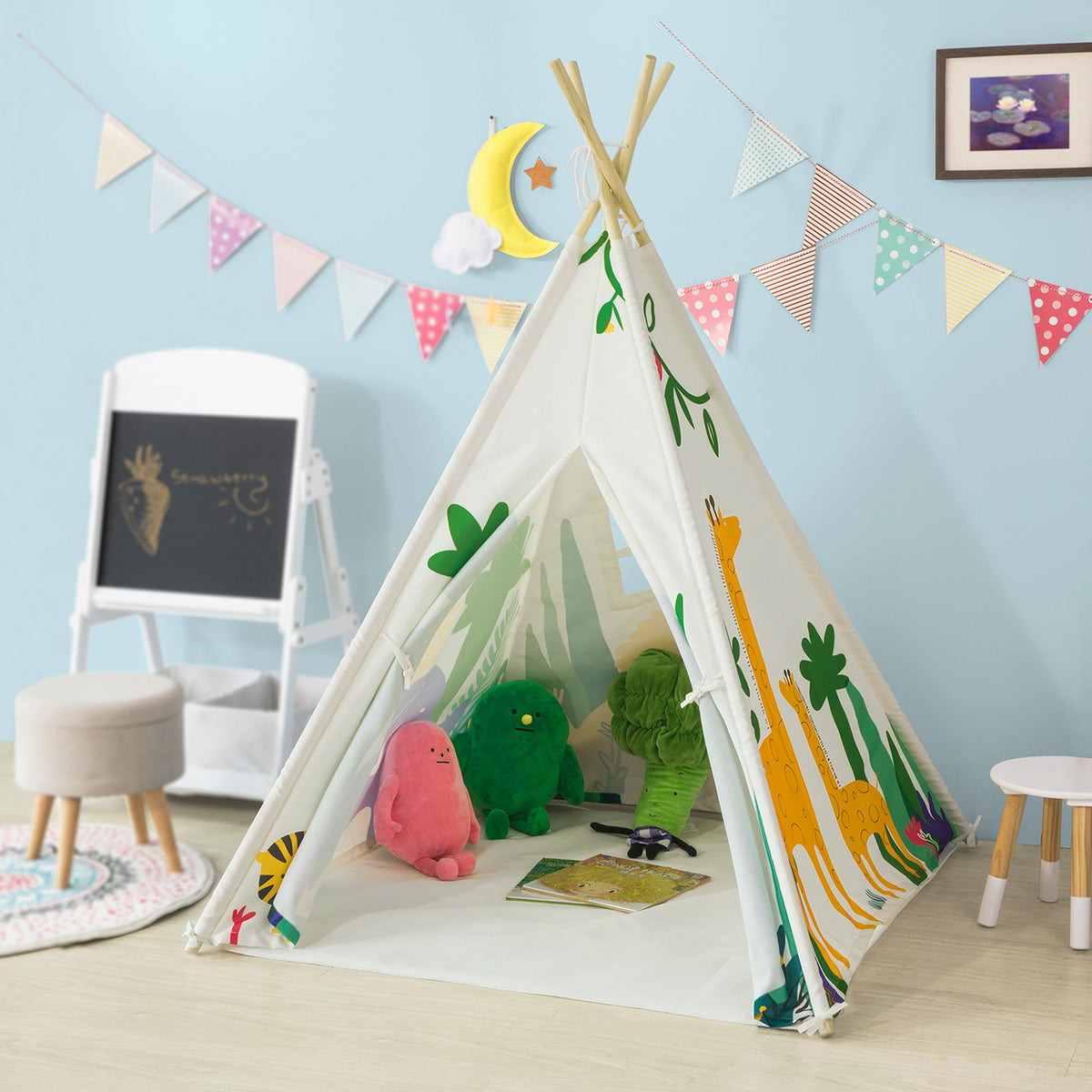 SoBuy OSS03-F Cort Tipi pentru Copii Desen Animat Pădure cu Covor de Sol
