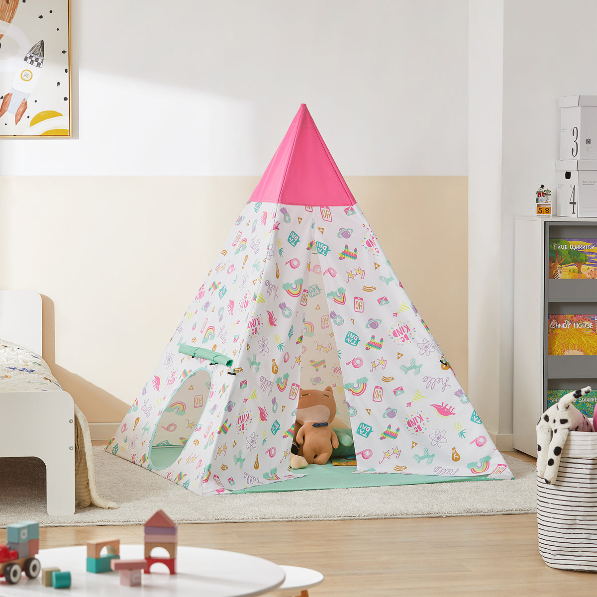 SoBuy OSS06 Cort Tipi pentru Copii cu Geantă de Transport, Cort Indian Teepee, Cort de Joacă pentru Băieți și Fete, Cadou pentru Copii