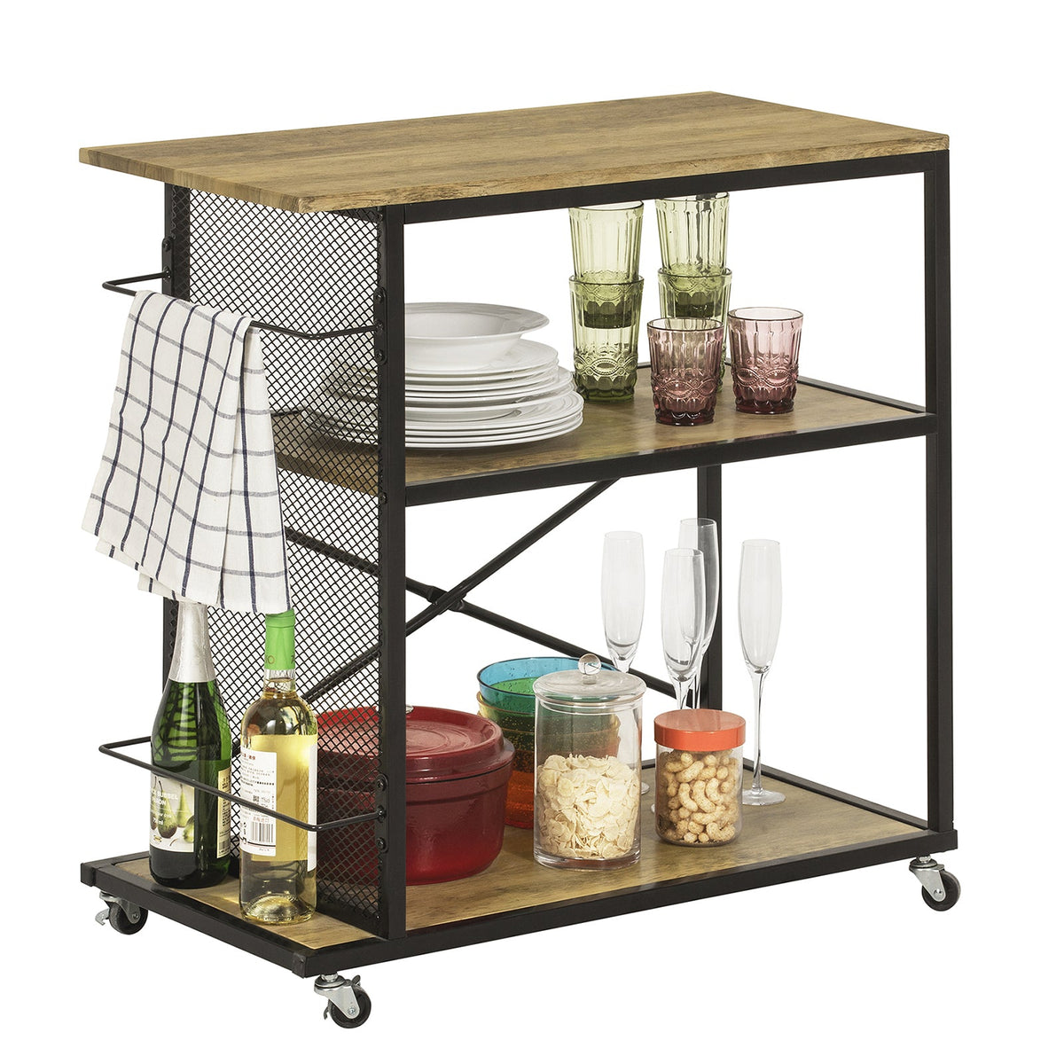 SoBuy SVW05-N Chariot de Bar Desserte de Style Industriel Desserte à 3 Niveaux avec roulettes Étagère de Cuisine