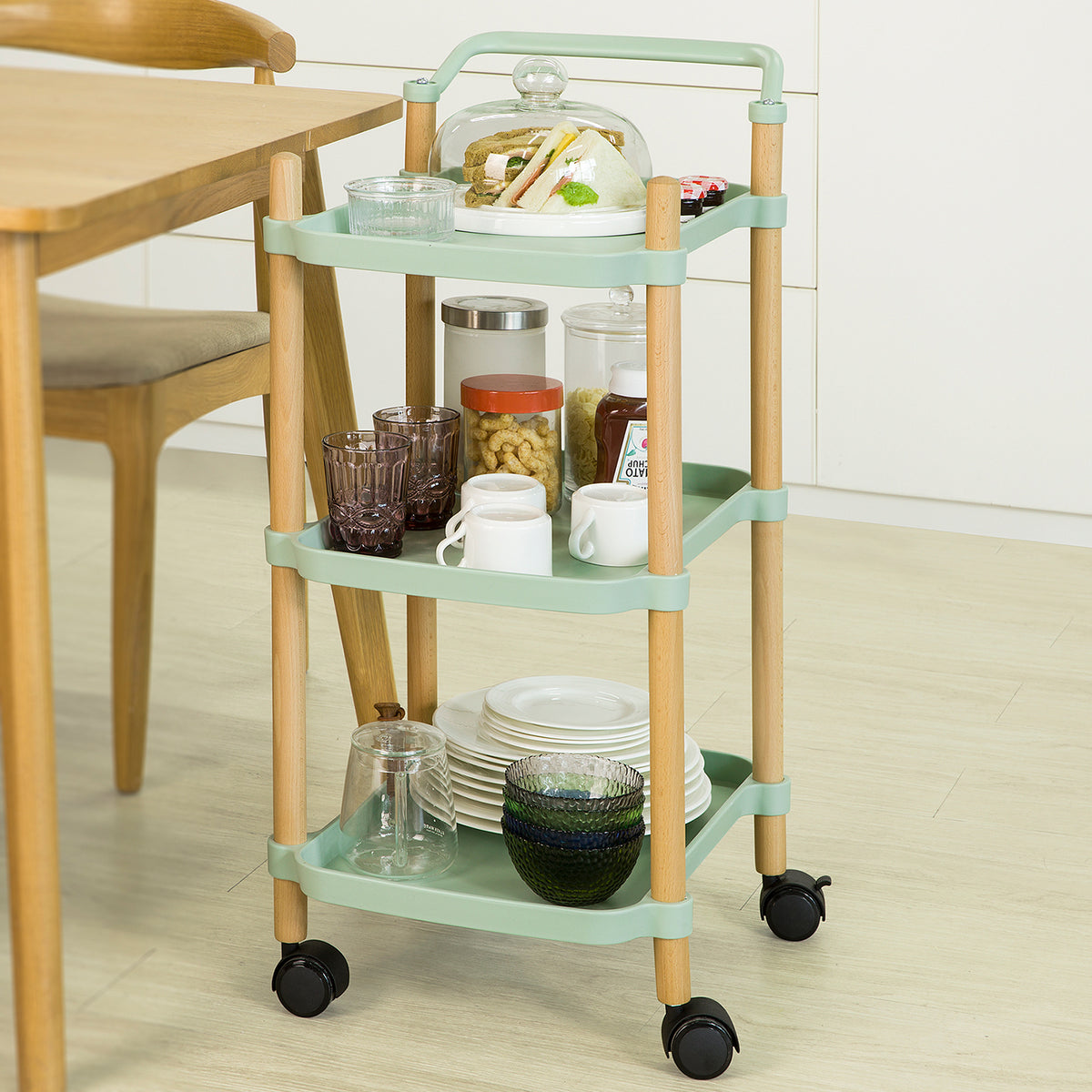 SoBuy SVW06-GR Chariot de Service à 3 Niveaux Petit Desserte Chariot Roulant Étagère de Rangement avec Poignée pour Cuisine