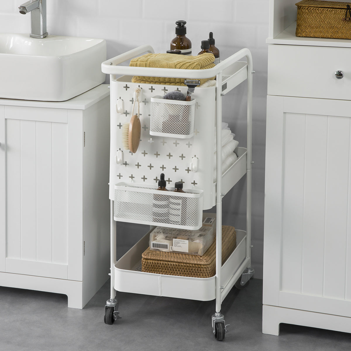 SoBuy SVW10-W Chariot de Rangement Desserte à Roulettes avec Poignée Mobile à Etagères en Métal