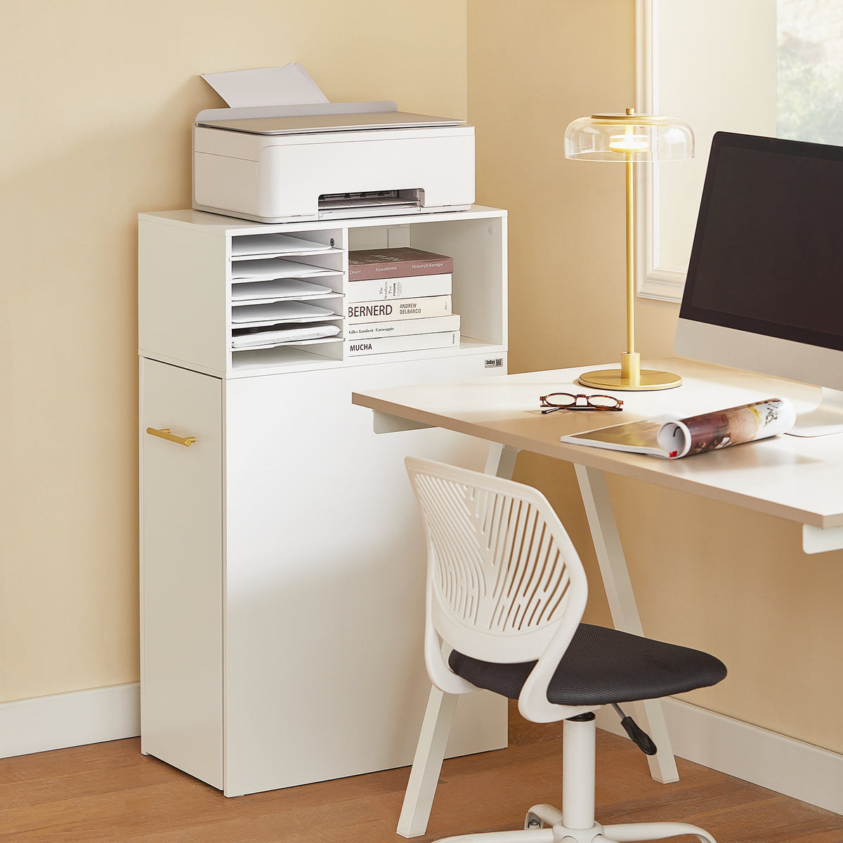 SoBuy ASK12-W Mobilier Imprimantă cu roți Suport Imprimantă Rulabil Dulap de Birou cu Compartimente Mobilier Mic de Depozitare Birou Compact 60x33x100 cm Alb