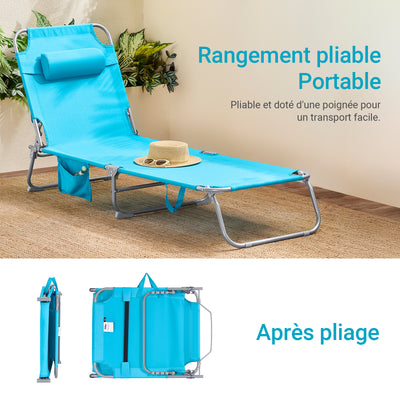 SoBuy OGS35-Bx2 Lot de 2 Transats de Jardin Pliable avec Oreiller et Poche Latérale, Chaise Longue Relax, Design Fonctionnel – L155×P56×H81 cm, Bleu Ciel