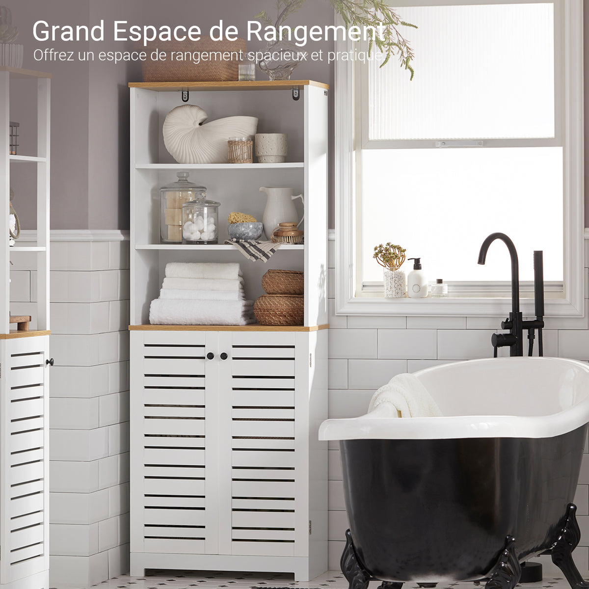 SoBuy BZR44-W Meuble Colonne de Salle de Bain Armoire Haute Meuble de Rangement avec 3 Etagères et 2 Portes persiennes
