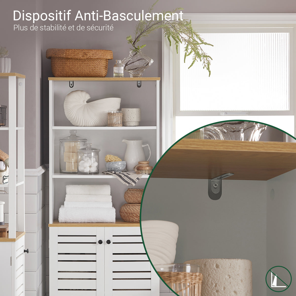 SoBuy BZR44-W Meuble Colonne de Salle de Bain Armoire Haute Meuble de Rangement avec 3 Etagères et 2 Portes persiennes