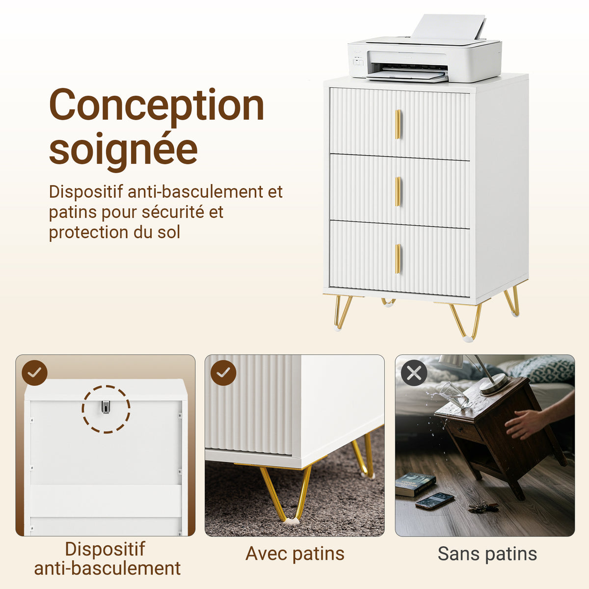 SoBuy FBT115-L-W Noptieră - Noptieră cu 3 sertare, Masă laterală pentru dormitor - Dulap modern de depozitare, alb L40 x P40 x H63 cm