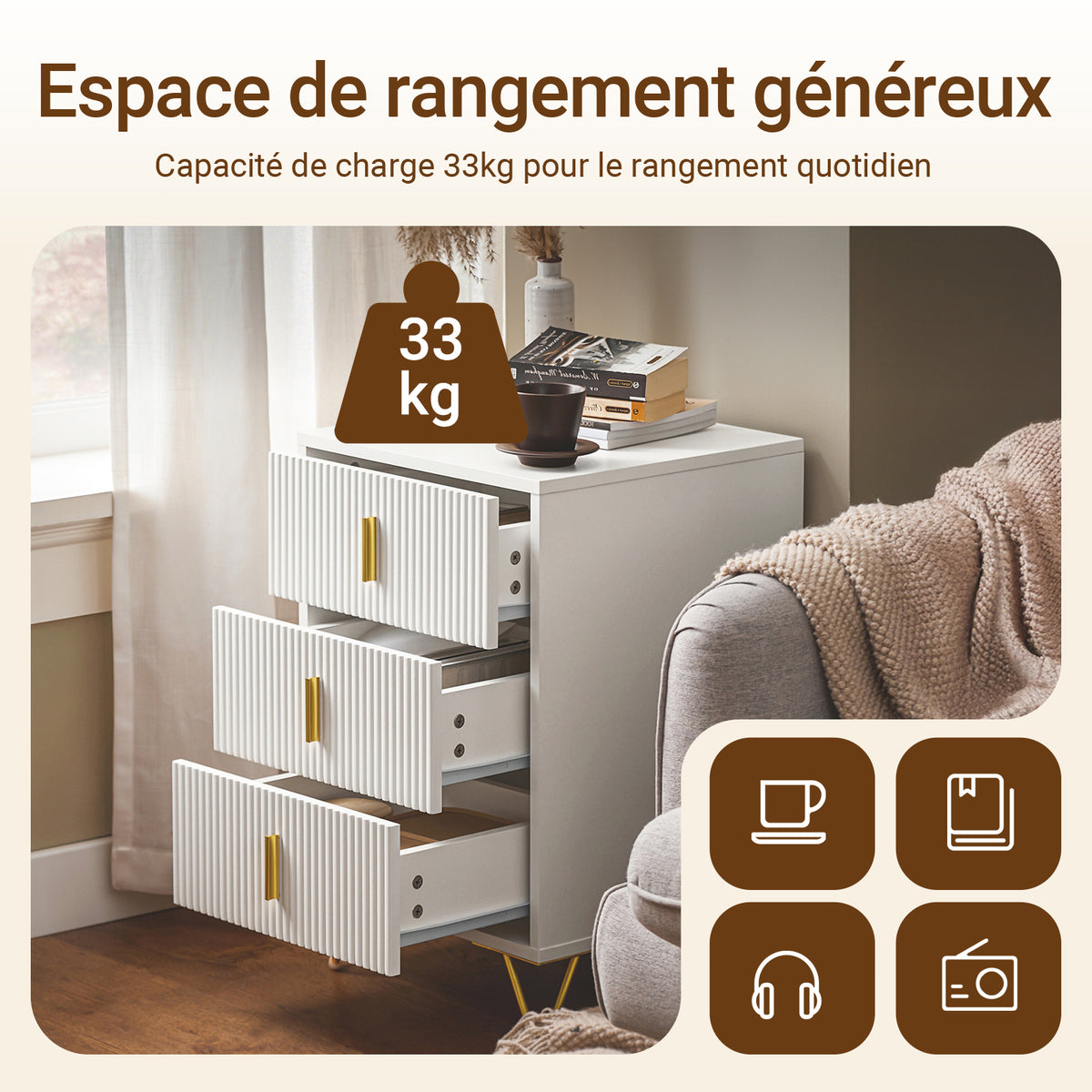 SoBuy FBT115-L-W Noptieră - Noptieră cu 3 sertare, Masă laterală pentru dormitor - Dulap modern de depozitare, alb L40 x P40 x H63 cm