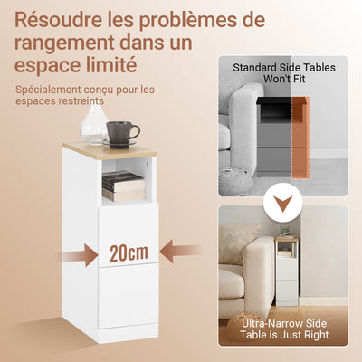 SoBuy FBT149-WN Table de Chevet Étroit 20 cm, 2 Tiroirs et Étagère – Table de Nuit Slim Gain de Place, Blanc Naturel