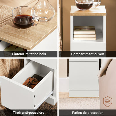 SoBuy FBT149-WN Table de Chevet Étroit 20 cm, 2 Tiroirs et Étagère – Table de Nuit Slim Gain de Place, Blanc Naturel