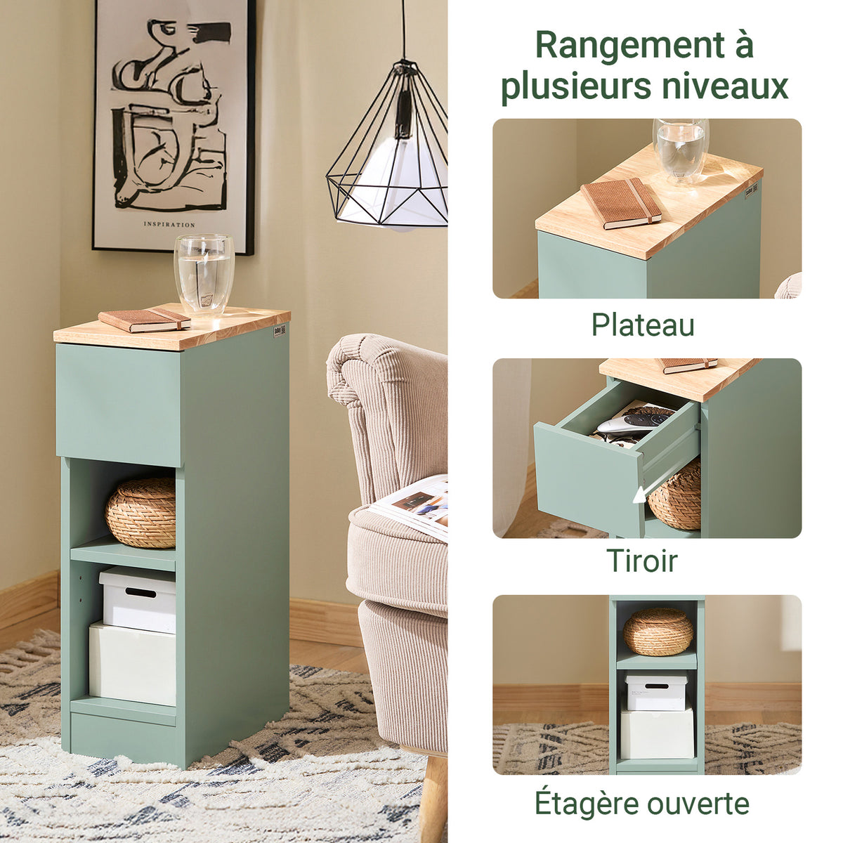SoBuy FBT111-GR Table de Chevet Ultra-Fine avec Tiroir et Étagère – L20×P35×H60 cm, Charge max. 20 kg, MDF/PB E1, Vert