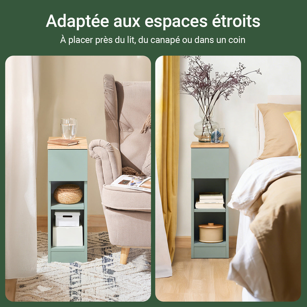 SoBuy FBT111-GR Table de Chevet Ultra-Fine avec Tiroir et Étagère – L20×P35×H60 cm, Charge max. 20 kg, MDF/PB E1, Vert