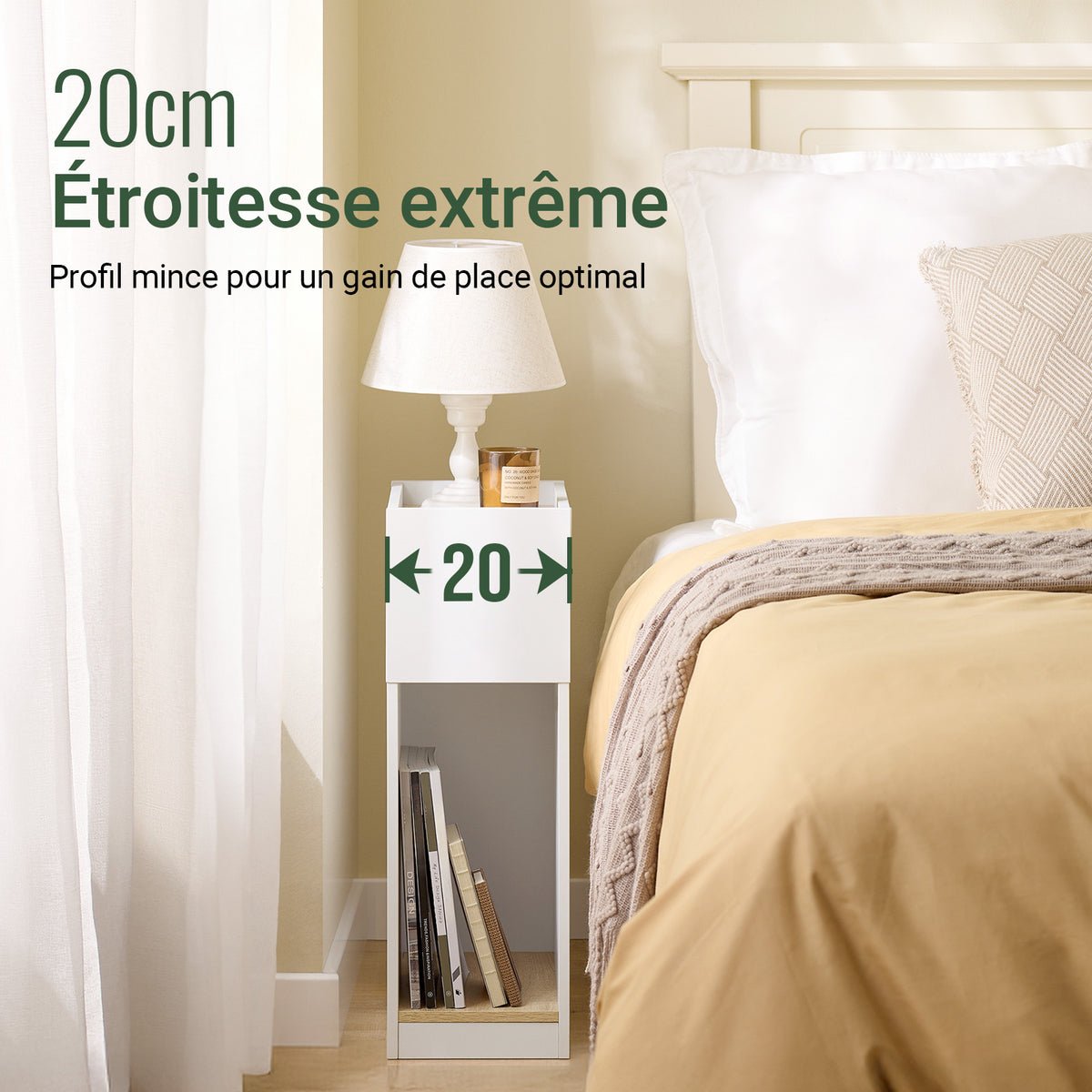 SoBuy FBT171-WN Noptieră îngustă, Masă de noapte cu sertar și raft, Mobilier de accent modern pentru dormitor și living, Alb, 20 x 35 x 60 cm