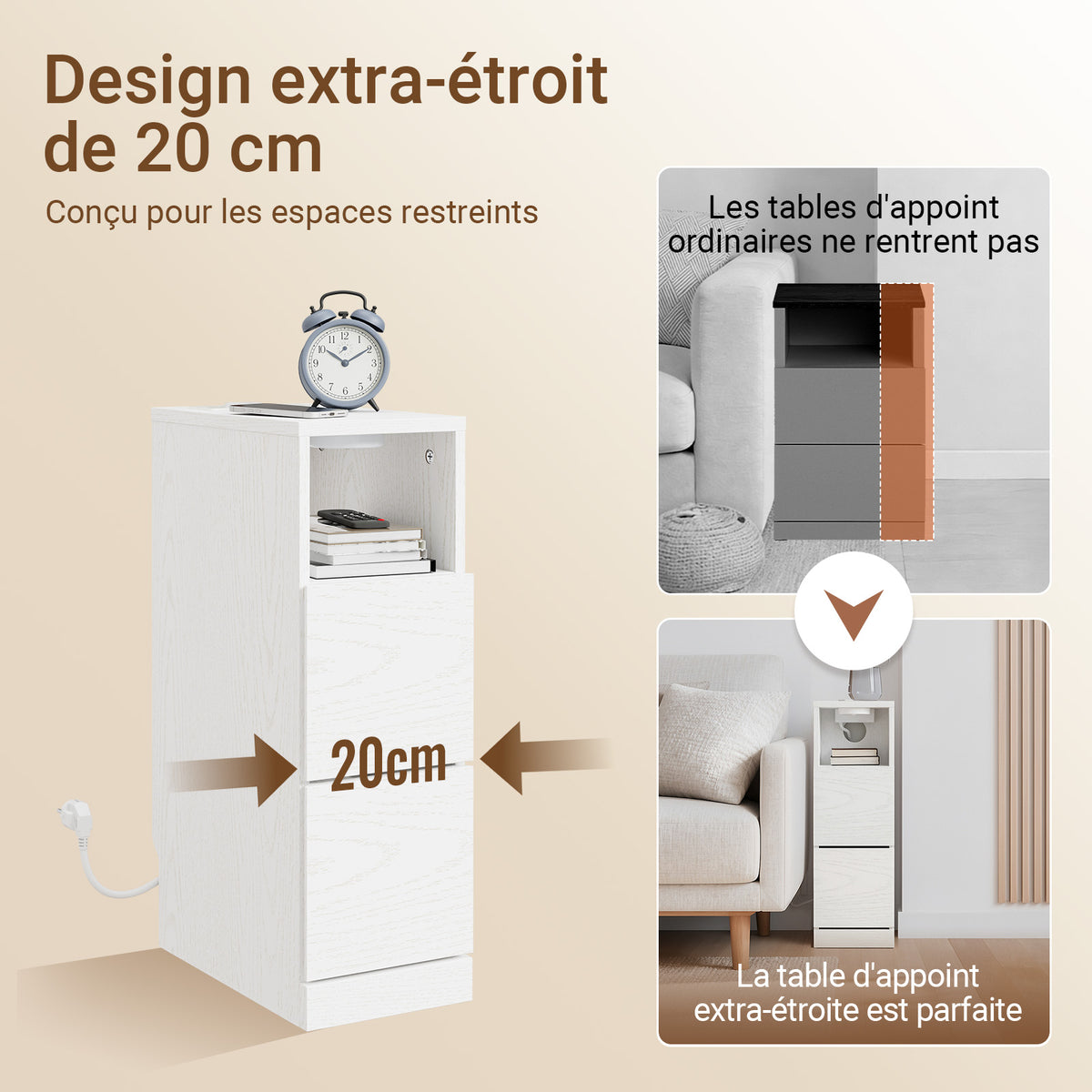 SoBuy FBT149-SCH Noptieră Îngustă 20 cm, Măsuță Laterală Subțire cu 2 Sertare și Compartiment Deschis, Noptieră pentru Spații Mici, Lângă Canapea sau Pat, 20x35x60 cm Negru