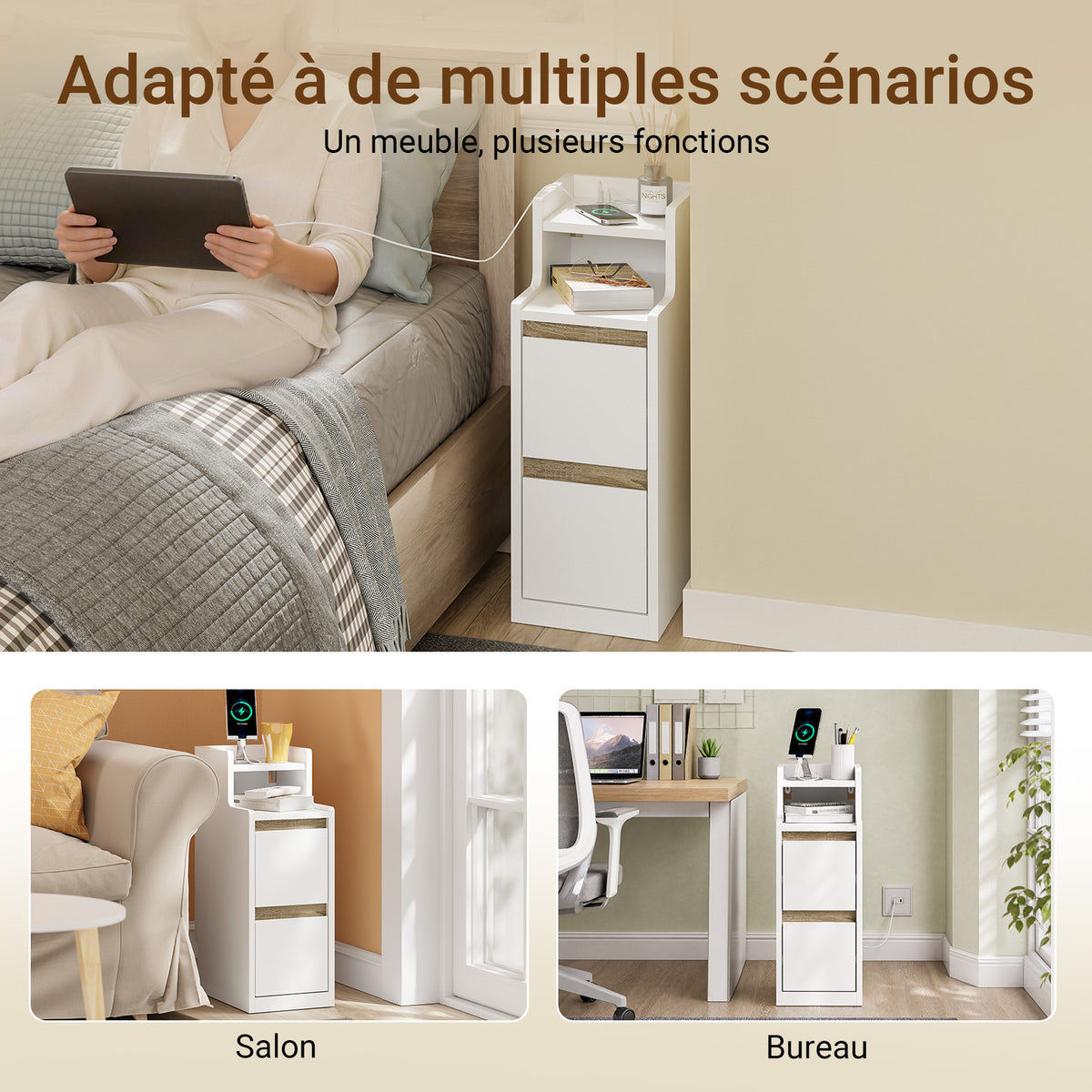 SoBuy FBT171-WN Noptieră îngustă, Masă de noapte cu sertar și raft, Mobilier de accent modern pentru dormitor și living, Alb, 20 x 35 x 60 cm