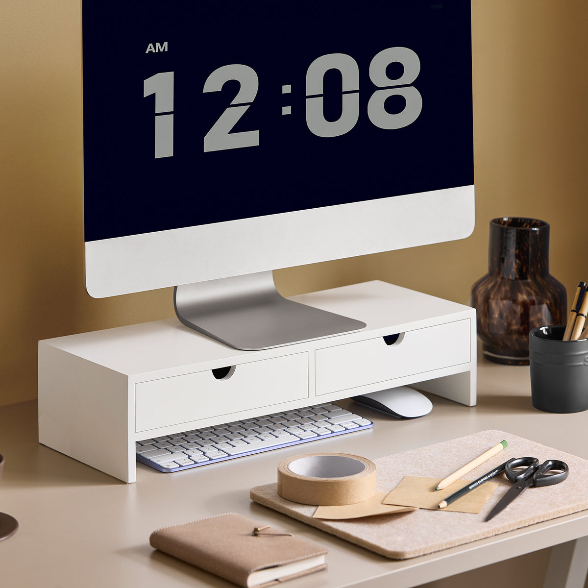 SoBuy BBF02-W Suport pentru monitor PC, înălțător pentru ecran PC de birou cu 2 sertare și spațiu de depozitare, suport universal pentru laptop sau monitor, alb 47x18x11cm