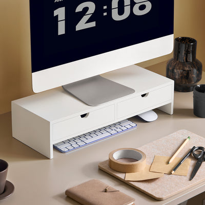SoBuy BBF02-W Suport pentru monitor PC, înălțător pentru ecran PC de birou cu 2 sertare și spațiu de depozitare, suport universal pentru laptop sau monitor, alb 47x18x11cm