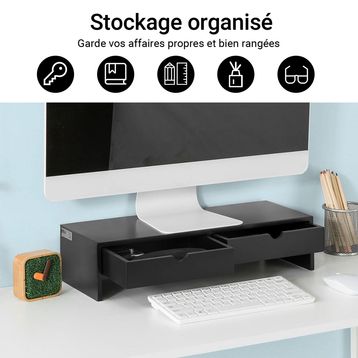 SoBuy BBF02-SCH Suport Monitor PC, Raft de Ridicare Monitor PC cu 2 Sertare și Spațiu de Depozitare, Suport Universal pentru Laptop sau Monitor, Negru, 47x18x11cm