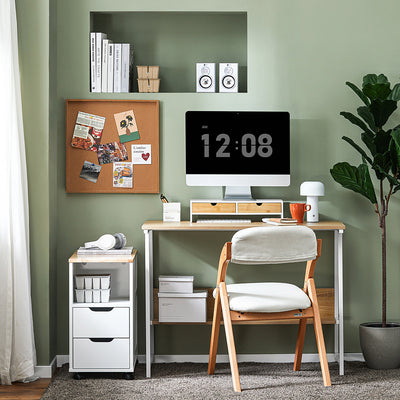 SoBuy BBF02-WN Suport Monitor PC, Raft de Ridicare Monitor PC, Birou cu 2 Sertare și Spațiu de Depozitare, Suport Universal Monitor pentru Laptop sau Monitor, Alb-Natur 47x18x11cm