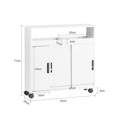 SoBuy BZR02-W Dulap WC Baie cu Roți, Dulap Mic de Depozitare, cu 2 Uși Glisante și Raft Deschis, Dulap Toaletă pentru Spații Reduse Alb 70x71x20cm