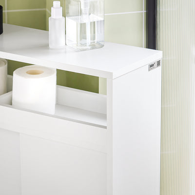 SoBuy BZR02-W Dulap WC Baie cu Roți, Dulap Mic de Depozitare, cu 2 Uși Glisante și Raft Deschis, Dulap Toaletă pentru Spații Reduse Alb 70x71x20cm
