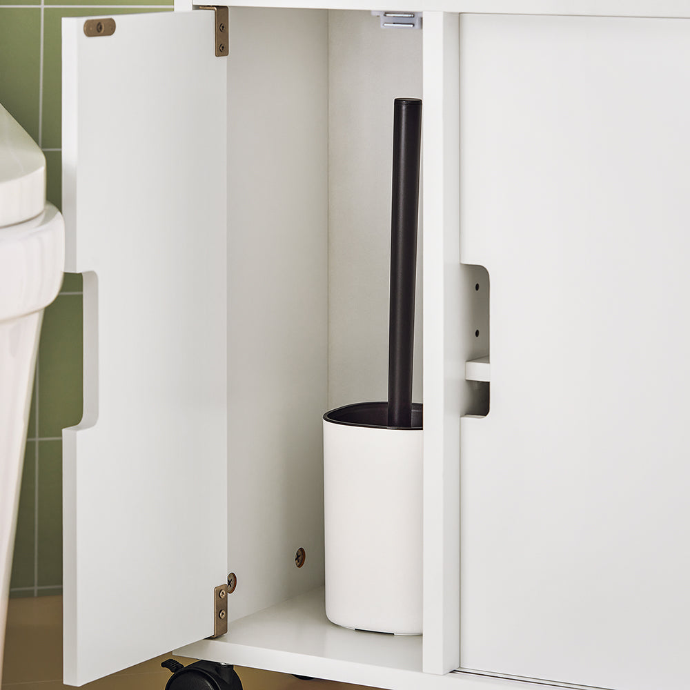 SoBuy BZR02-W Dulap WC Baie cu Roți, Dulap Mic de Depozitare, cu 2 Uși Glisante și Raft Deschis, Dulap Toaletă pentru Spații Reduse Alb 70x71x20cm