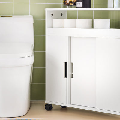 SoBuy BZR02-W Dulap WC Baie cu Roți, Dulap Mic de Depozitare, cu 2 Uși Glisante și Raft Deschis, Dulap Toaletă pentru Spații Reduse Alb 70x71x20cm
