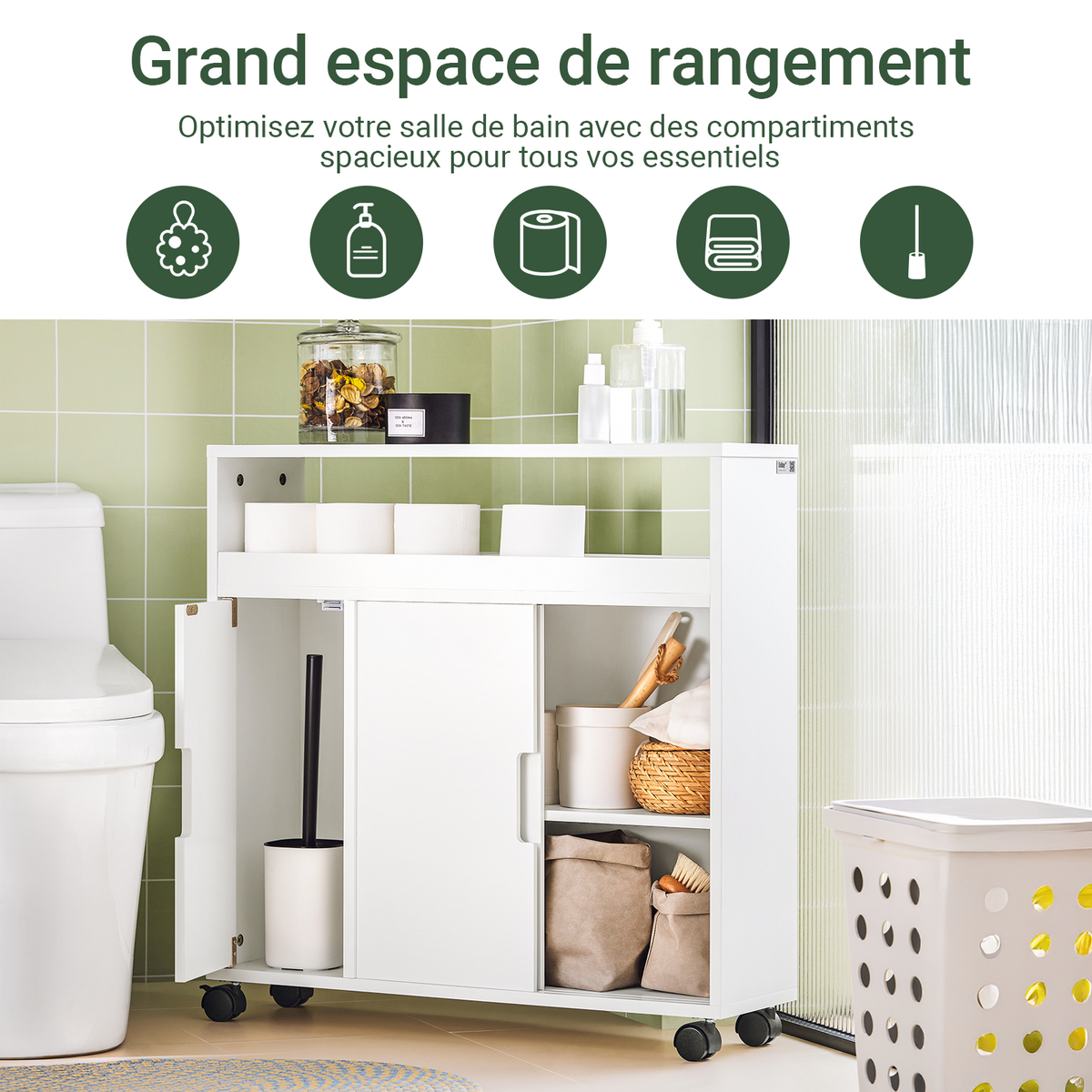 SoBuy BZR02-W Dulap WC Baie cu Roți, Dulap Mic de Depozitare, cu 2 Uși Glisante și Raft Deschis, Dulap Toaletă pentru Spații Reduse Alb 70x71x20cm