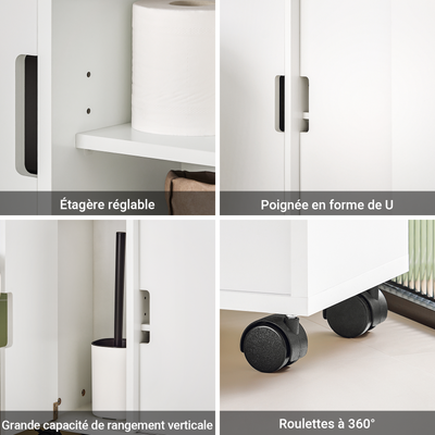 SoBuy BZR02-W Dulap WC Baie cu Roți, Dulap Mic de Depozitare, cu 2 Uși Glisante și Raft Deschis, Dulap Toaletă pentru Spații Reduse Alb 70x71x20cm