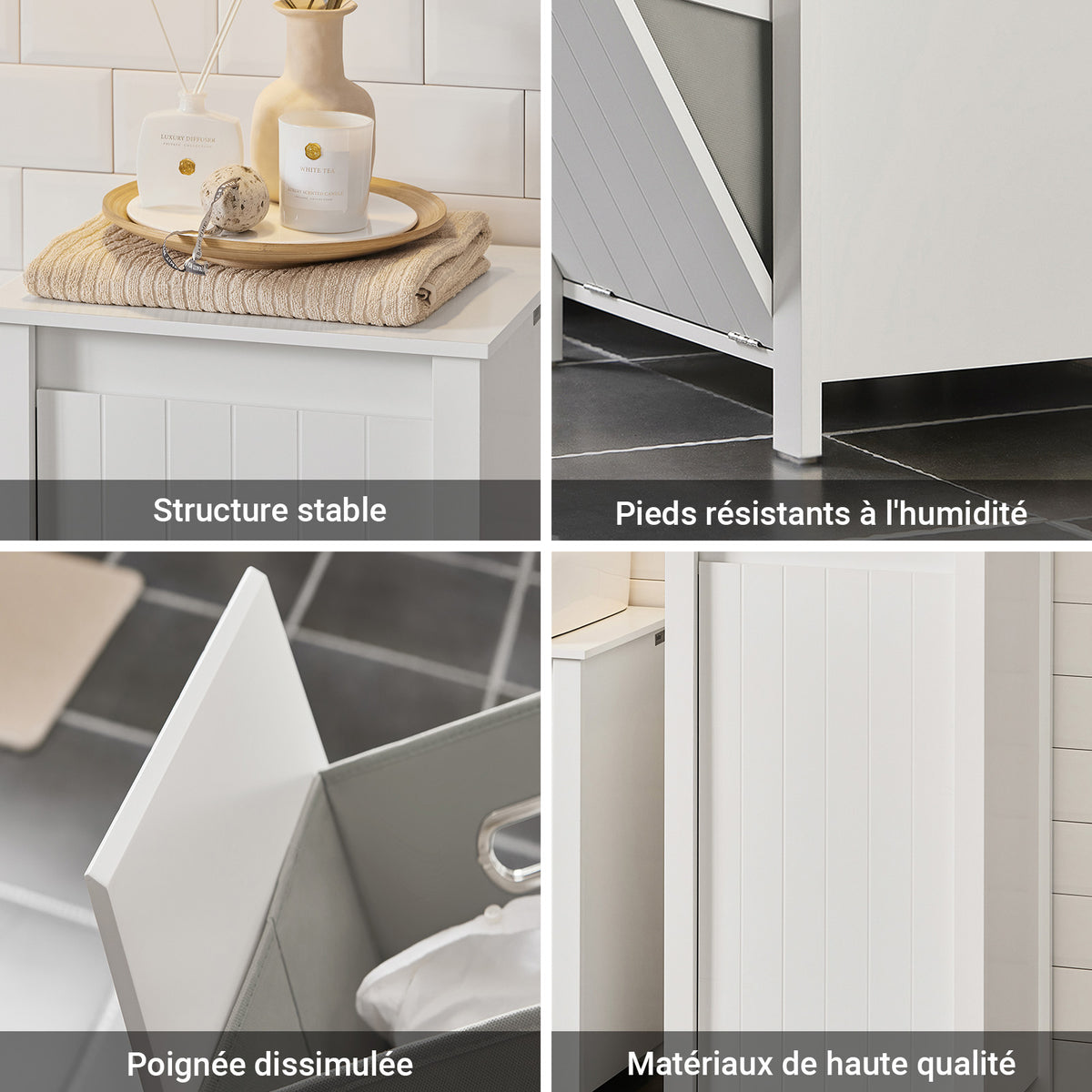 SoBuy BZR100-W Armoire à Linge avec Panier Rabattable et Sac Amovible à Poignées – L45×P35×H85,5 cm, Charge 15 kg, MDF E1, Blanc