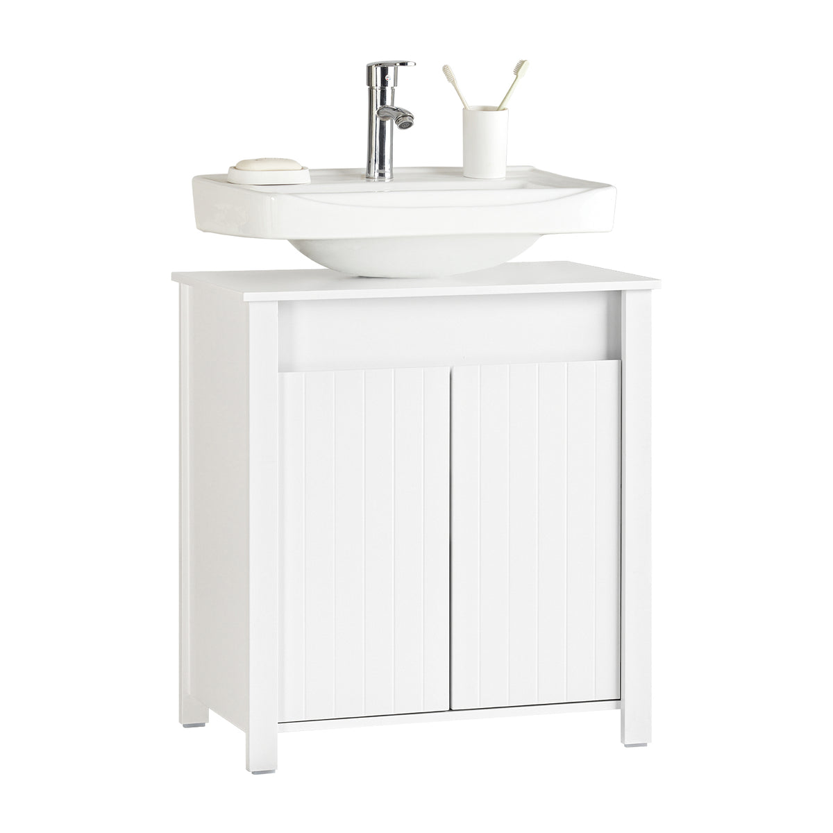 SoBuy BZR101-W Meuble sous Évier Salle de Bain, Meuble Évier de Cuisine avec 2 Portes
