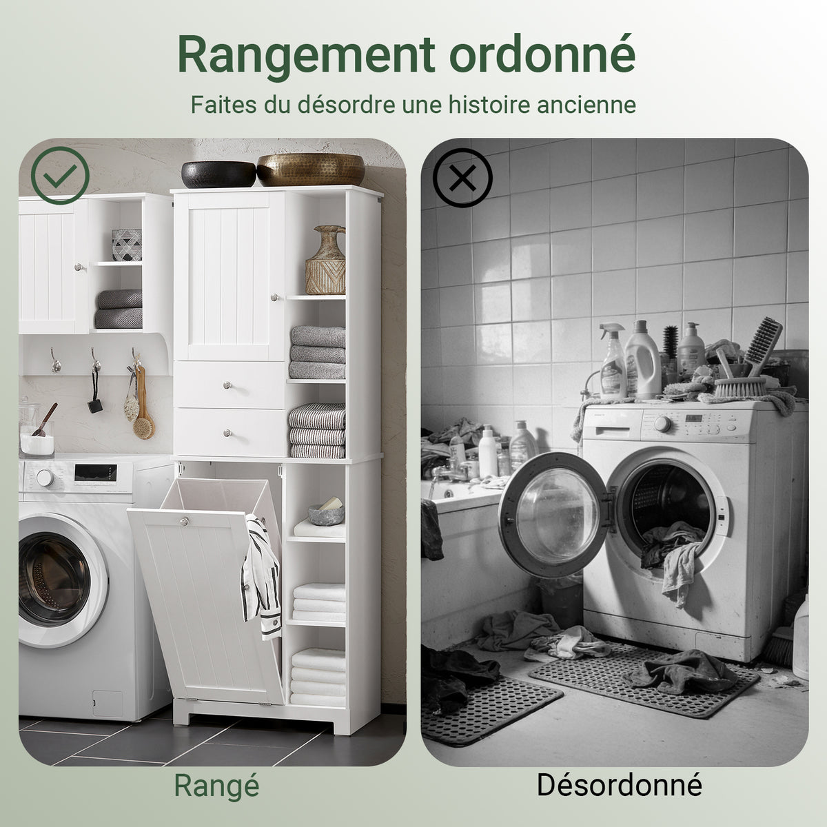 SoBuy BZR104-W Coloană pentru baie cu coș de rufe integrat – Dulap de depozitare 171 cm, 6 rafturi și 2 sertare, alb