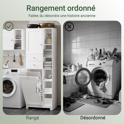 SoBuy BZR104-W Coloană pentru baie cu coș de rufe integrat – Dulap de depozitare 171 cm, 6 rafturi și 2 sertare, alb