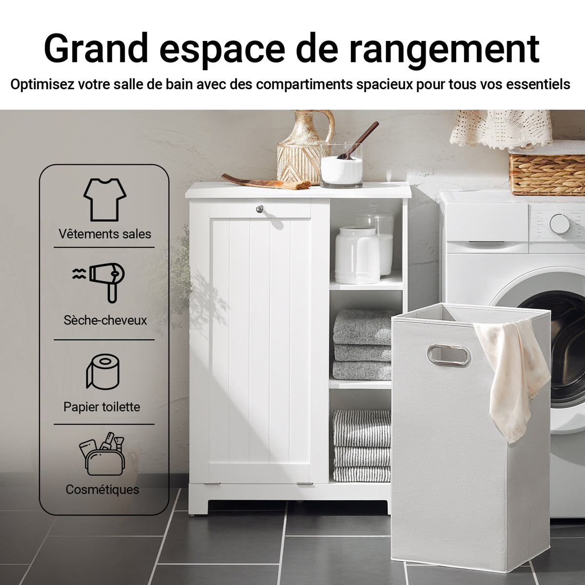SoBuy BZR105-W Dulap de Baie cu Coșuri de Rufe – Dulap Inferior de Baie cu Coș Rabatabil și 3 Rafturi, Coș de Rufe, Lemn, Alb, 60x37x86 cm