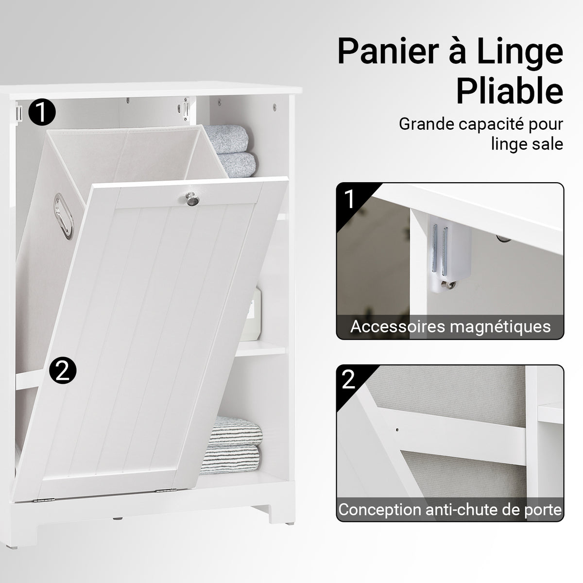 SoBuy BZR105-W Dulap de Baie cu Coșuri de Rufe – Dulap Inferior de Baie cu Coș Rabatabil și 3 Rafturi, Coș de Rufe, Lemn, Alb, 60x37x86 cm