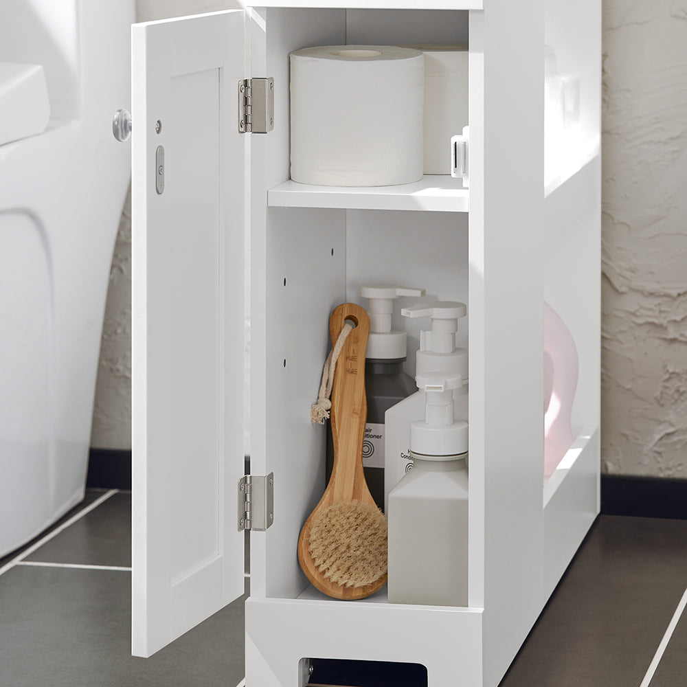 SoBuy BZR106-W Dulap de depozitare baie îngust pe roți, Suport hârtie igienică, Dulap WC compact, Cărucior de depozitare