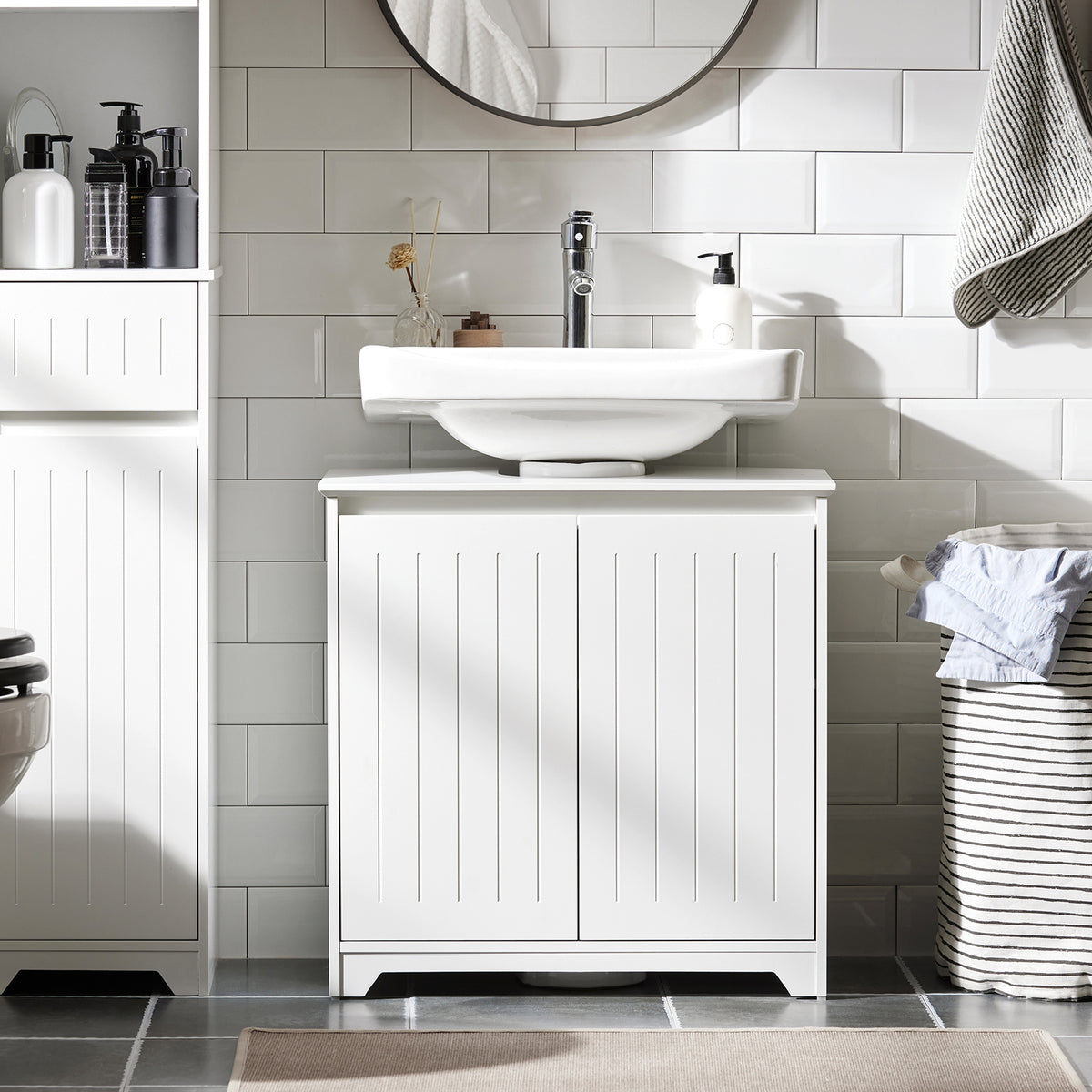 SoBuy BZR108-II-W Dulap sub chiuvetă pentru baie, Dulap sub lavoar, Dulap sub lavoar (chiuvetă), Dulap sub chiuvetă de bucătărie, Mască lavoar cu 2 uși, 60x30x60 cm, Alb