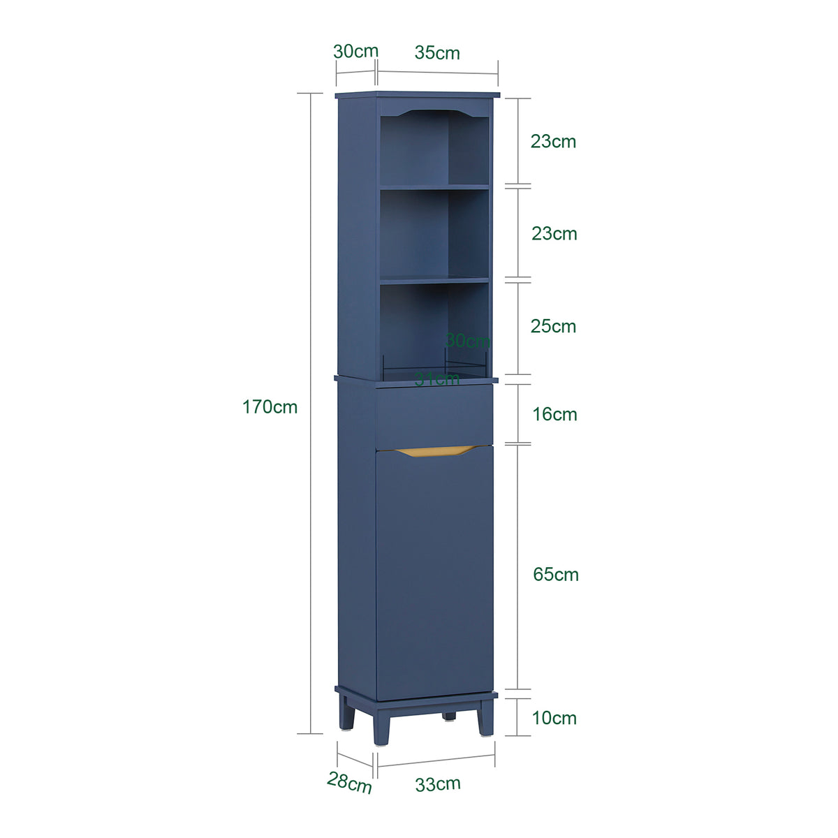 SoBuy BZR112-B Dulap de baie tip coloană, cu 3 rafturi deschise, dulap cu ușă și sertar, mobilier mic de depozitare pentru baie, pentru spații înguste, 35 x 30 x 170 cm