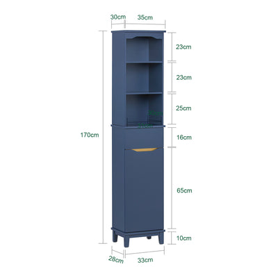 SoBuy BZR112-B Dulap de baie tip coloană, cu 3 rafturi deschise, dulap cu ușă și sertar, mobilier mic de depozitare pentru baie, pentru spații înguste, 35 x 30 x 170 cm