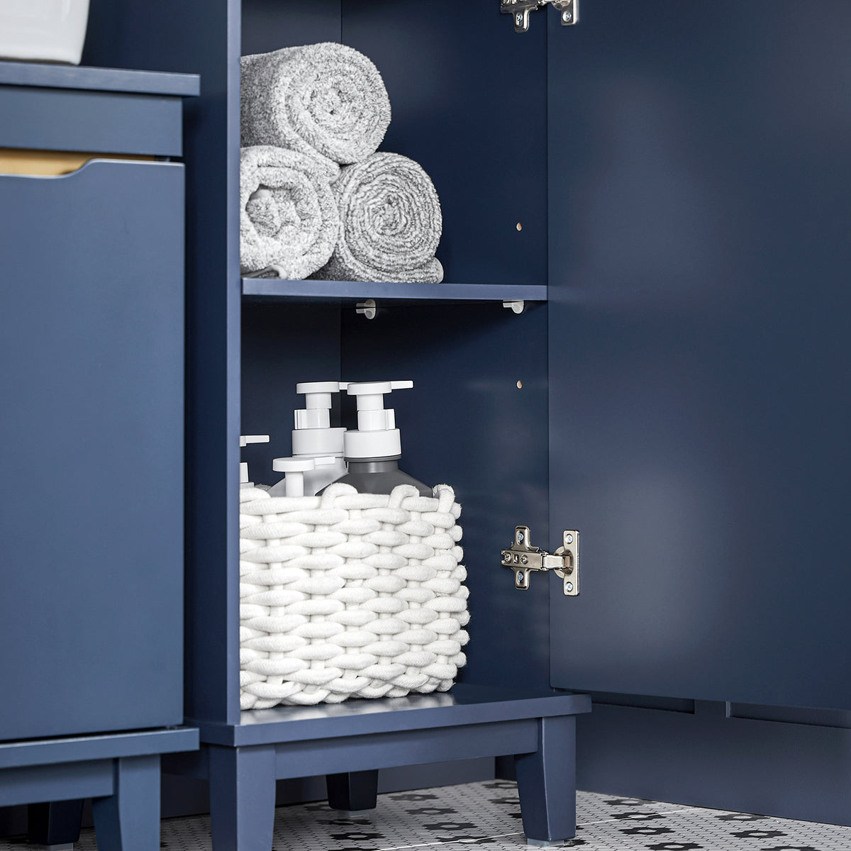 SoBuy BZR112-B Dulap de baie tip coloană, cu 3 rafturi deschise, dulap cu ușă și sertar, mobilier mic de depozitare pentru baie, pentru spații înguste, 35 x 30 x 170 cm