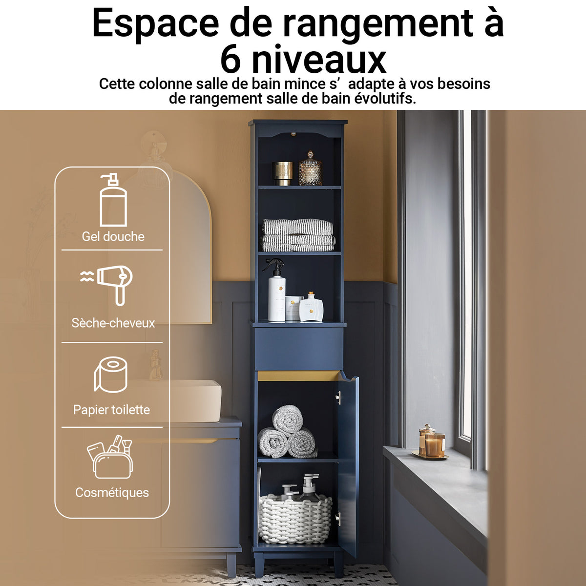 SoBuy BZR112-B Dulap de baie tip coloană, cu 3 rafturi deschise, dulap cu ușă și sertar, mobilier mic de depozitare pentru baie, pentru spații înguste, 35 x 30 x 170 cm