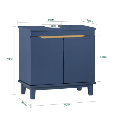 SoBuy BZR113-B Corp mobilier sub lavoar – Dulap de baie cu uși – Corp mobilă sub chiuvetă, Dulap de depozitare îngust din lemn pentru spații mici, Albastru închis, 60 x 59 x 30 cm