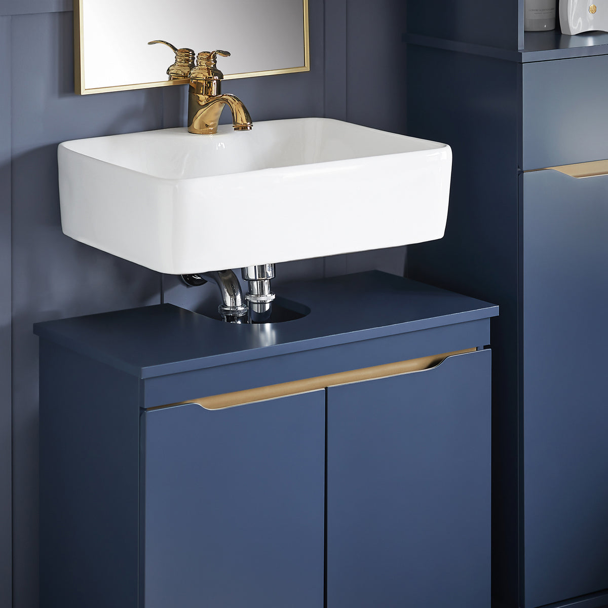 SoBuy BZR113-B Corp mobilier sub lavoar – Dulap de baie cu uși – Corp mobilă sub chiuvetă, Dulap de depozitare îngust din lemn pentru spații mici, Albastru închis, 60 x 59 x 30 cm