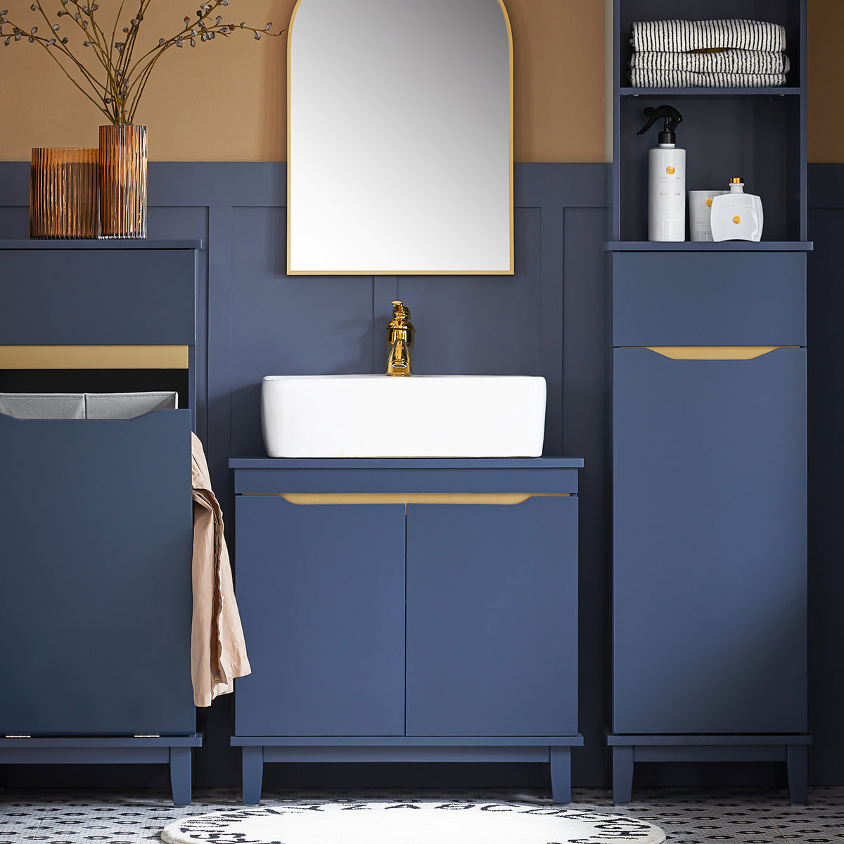 SoBuy BZR113-B Corp mobilier sub lavoar – Dulap de baie cu uși – Corp mobilă sub chiuvetă, Dulap de depozitare îngust din lemn pentru spații mici, Albastru închis, 60 x 59 x 30 cm