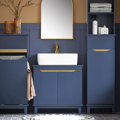 SoBuy BZR113-B Corp mobilier sub lavoar – Dulap de baie cu uși – Corp mobilă sub chiuvetă, Dulap de depozitare îngust din lemn pentru spații mici, Albastru închis, 60 x 59 x 30 cm