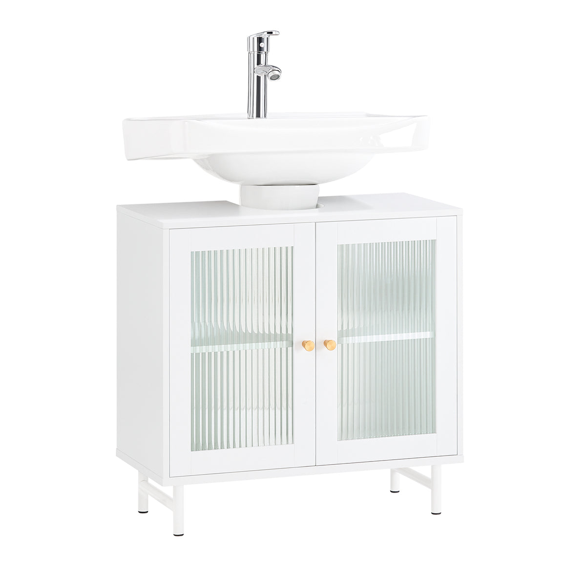 SoBuy BZR115-II-W Meuble sous Lavabo Salle de Bain, Armoire de Rangement pour Vasque sur Pieds avec 2 Portes en Verre